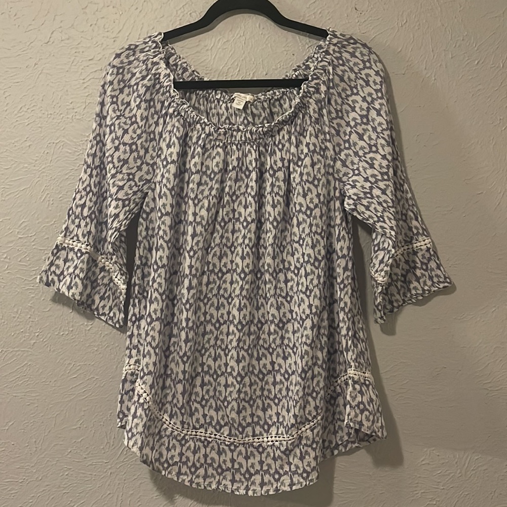 Westport 1962 purple and gray IKAT leopard printed 3/4 sleeve shirt